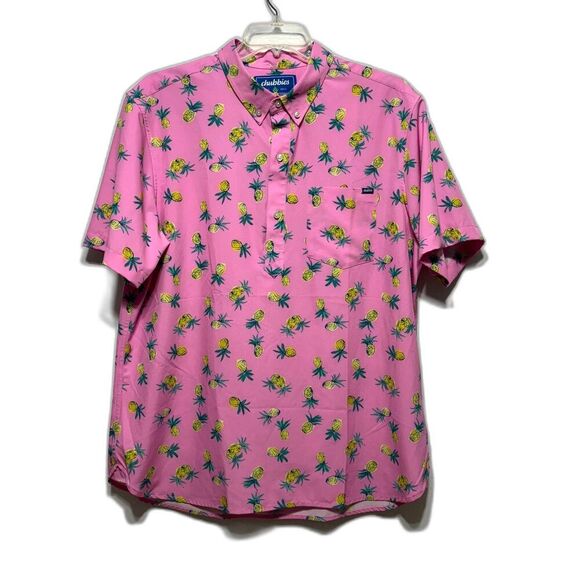 Chubbies Top Button Up Collar Short Sleeve Shirt Pink Pineapple Print Men sz XL - Picture 2 of 9